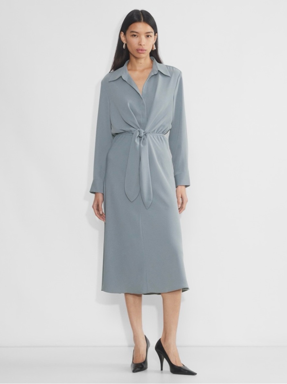 Babaton Slate Blue Long-Sleeve Tie-Waist Shirt Dress